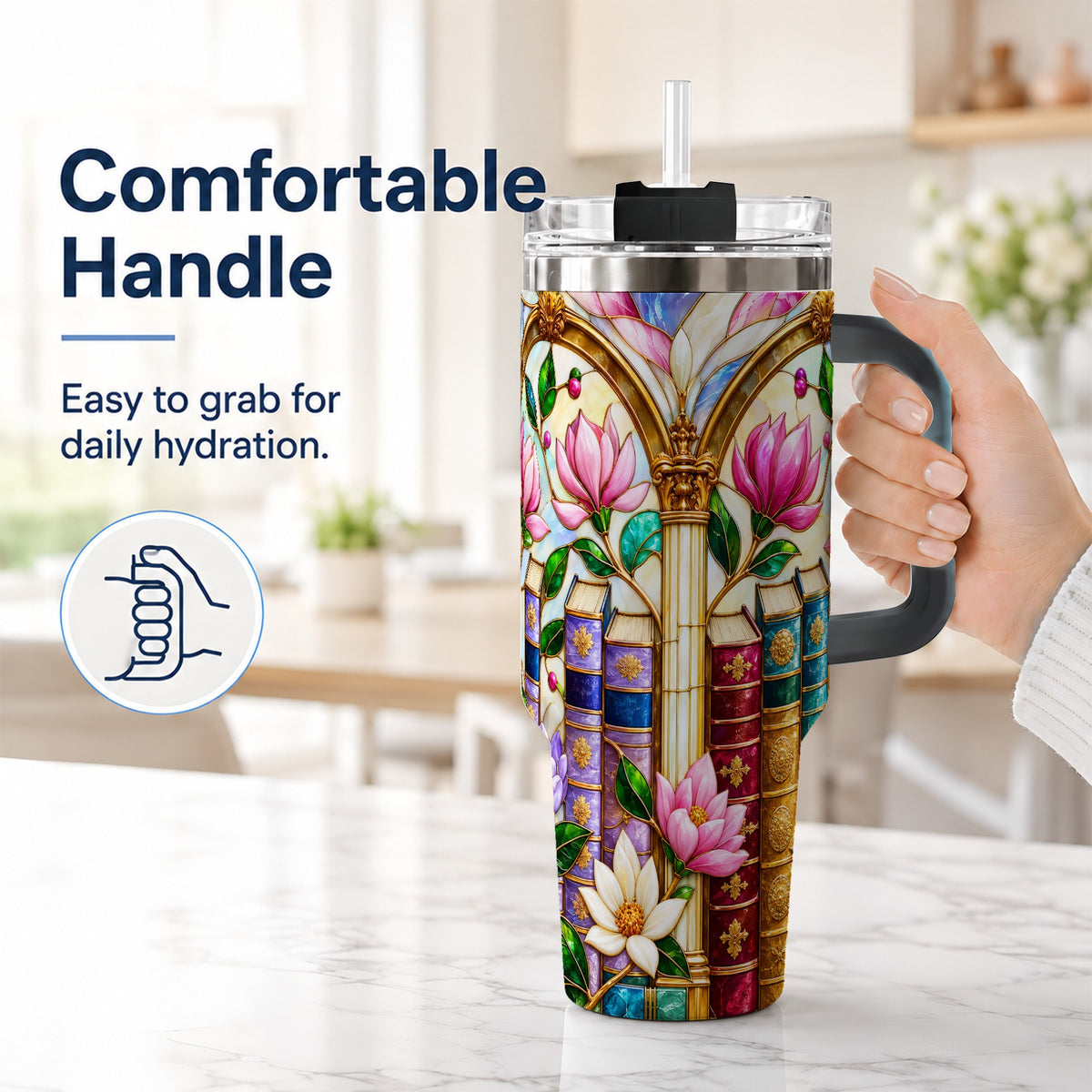 #pl[40oz|Black] Floral Library 40oz Tumbler, Book Floral Stainless Steel Travel Cup