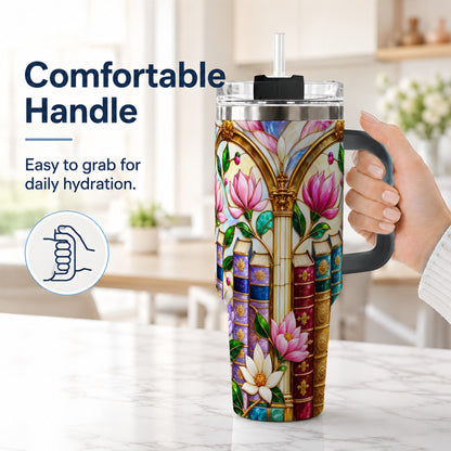 #pl[40oz|Black] Floral Library 40oz Tumbler, Book Floral Stainless Steel Travel Cup
