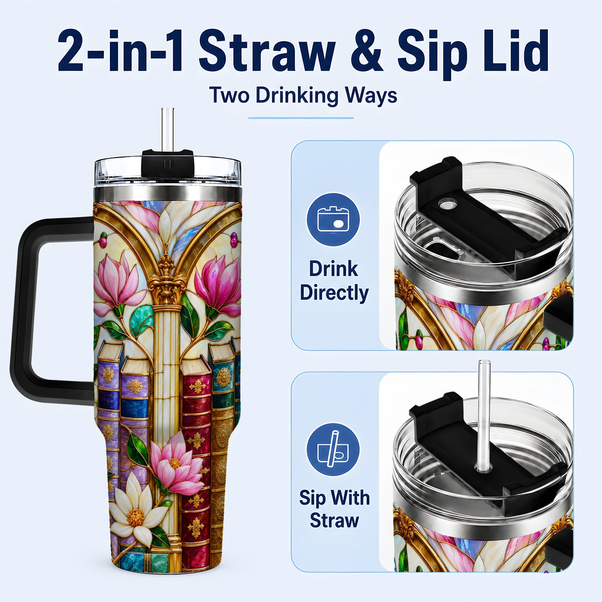 #pl[40oz|Black] Floral Library 40oz Tumbler, Book Floral Stainless Steel Travel Cup