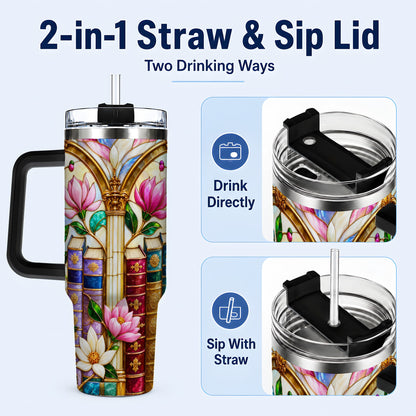 #pl[40oz|Black] Floral Library 40oz Tumbler, Book Floral Stainless Steel Travel Cup