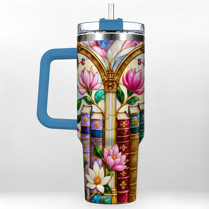 #pl[40oz|Blue] Floral Library 40oz Tumbler, Book Floral Stainless Steel Travel Cup