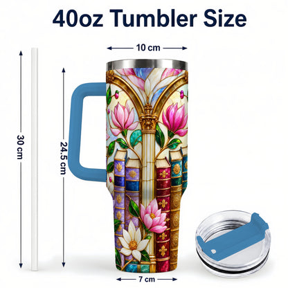 #pl[40oz|Blue] Floral Library 40oz Tumbler, Book Floral Stainless Steel Travel Cup