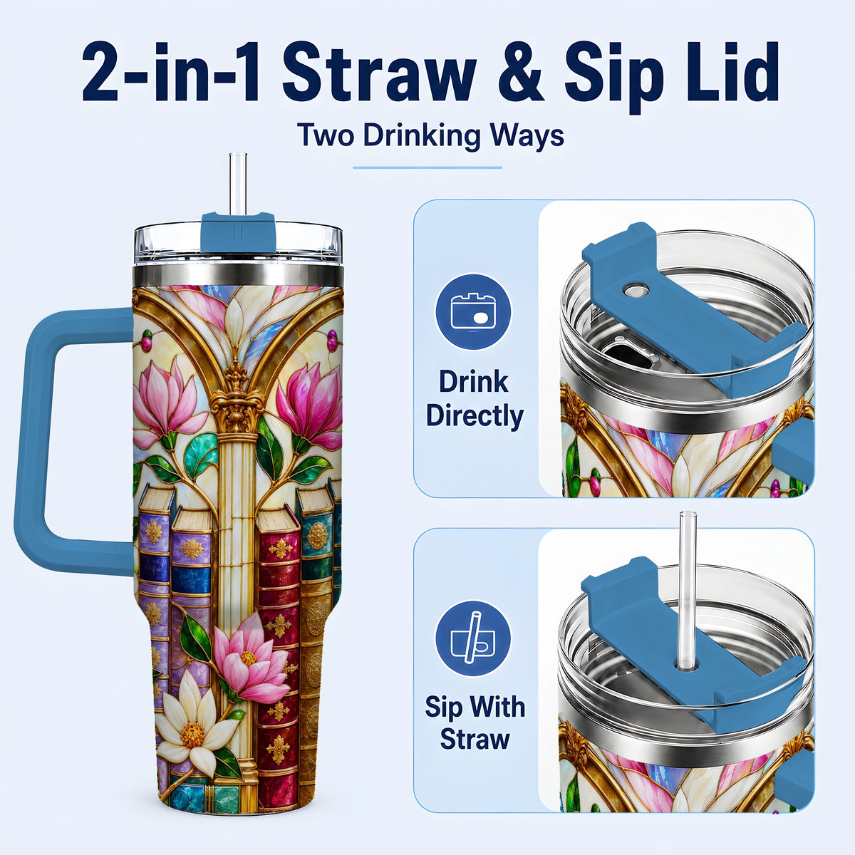 #pl[40oz|Blue] Floral Library 40oz Tumbler, Book Floral Stainless Steel Travel Cup
