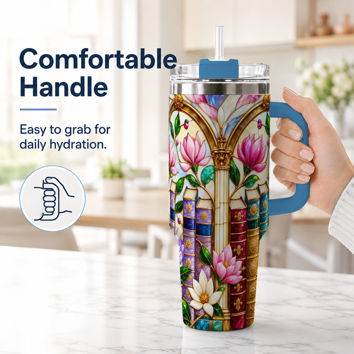 #pl[40oz|Blue] Floral Library 40oz Tumbler, Book Floral Stainless Steel Travel Cup