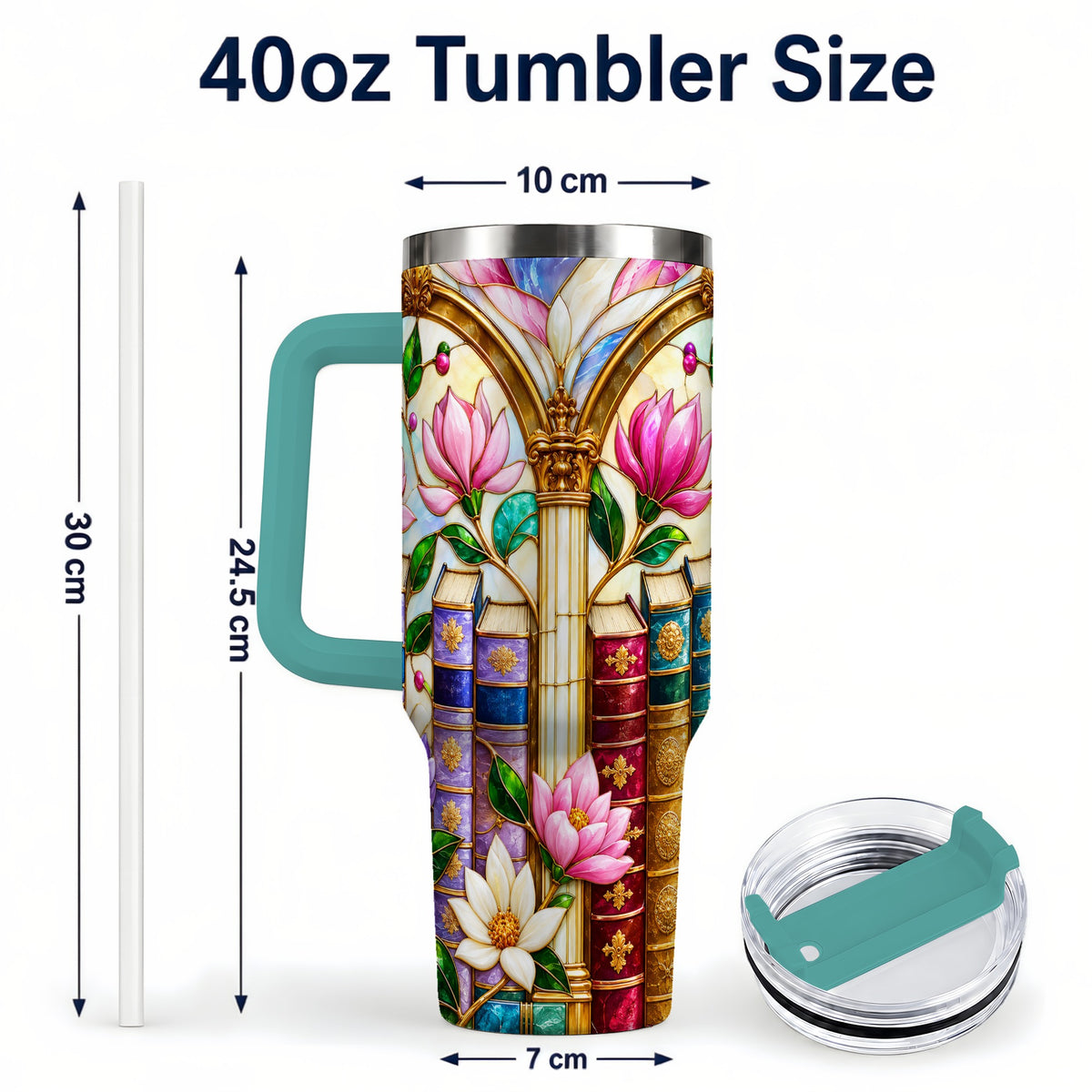 #pl[40oz|Green] Floral Library 40oz Tumbler, Book Floral Stainless Steel Travel Cup