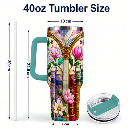 #pl[40oz|Green] Floral Library 40oz Tumbler, Book Floral Stainless Steel Travel Cup