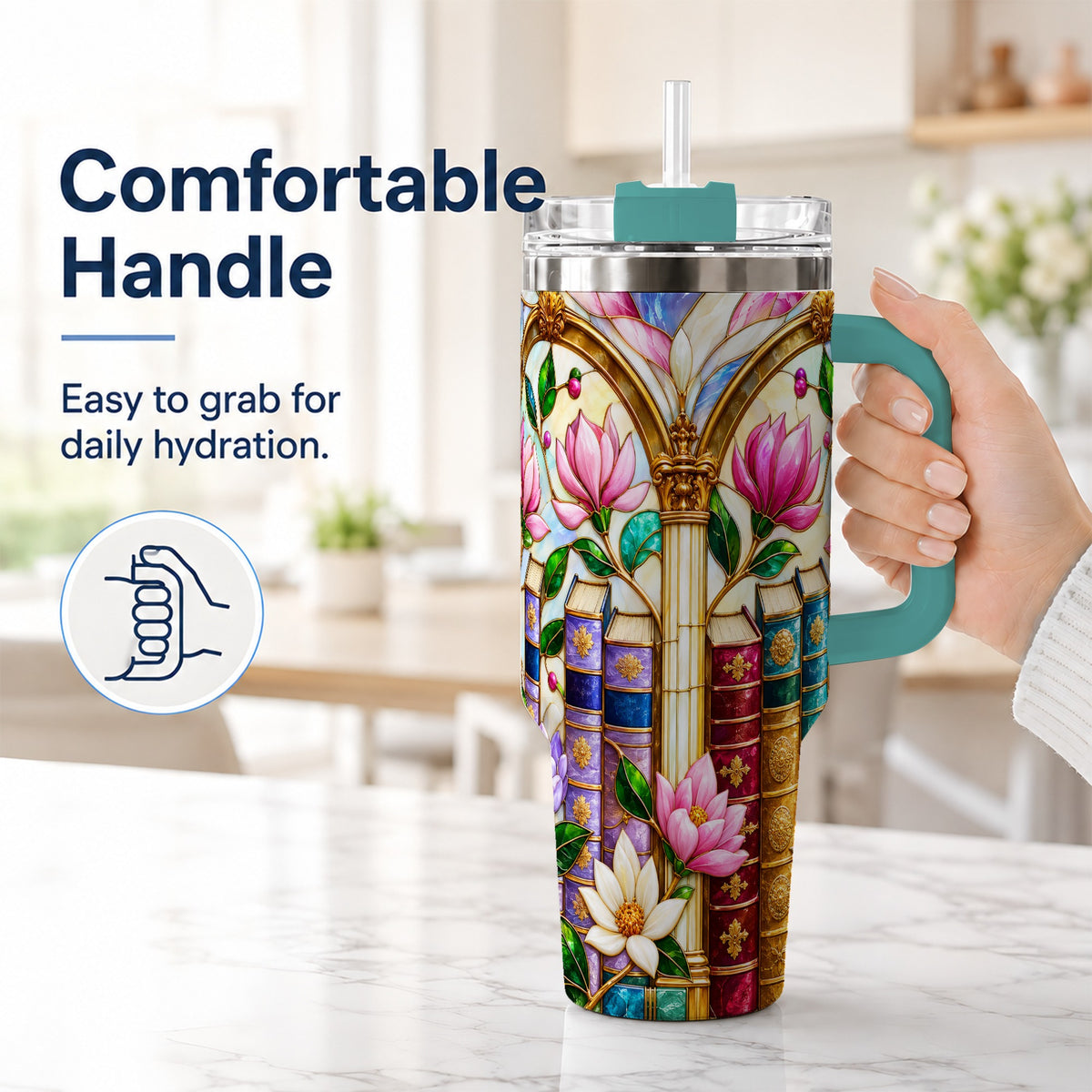 #pl[40oz|Green] Floral Library 40oz Tumbler, Book Floral Stainless Steel Travel Cup