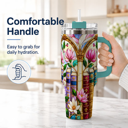#pl[40oz|Green] Floral Library 40oz Tumbler, Book Floral Stainless Steel Travel Cup