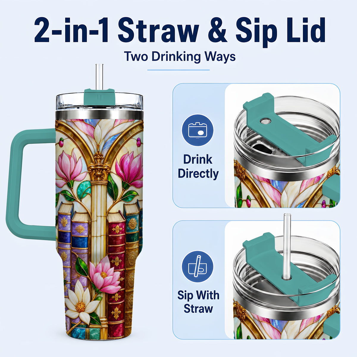 #pl[40oz|Green] Floral Library 40oz Tumbler, Book Floral Stainless Steel Travel Cup