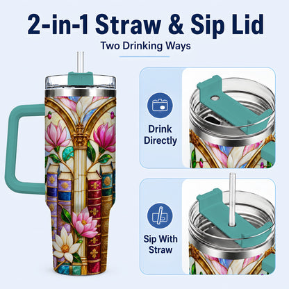 #pl[40oz|Green] Floral Library 40oz Tumbler, Book Floral Stainless Steel Travel Cup