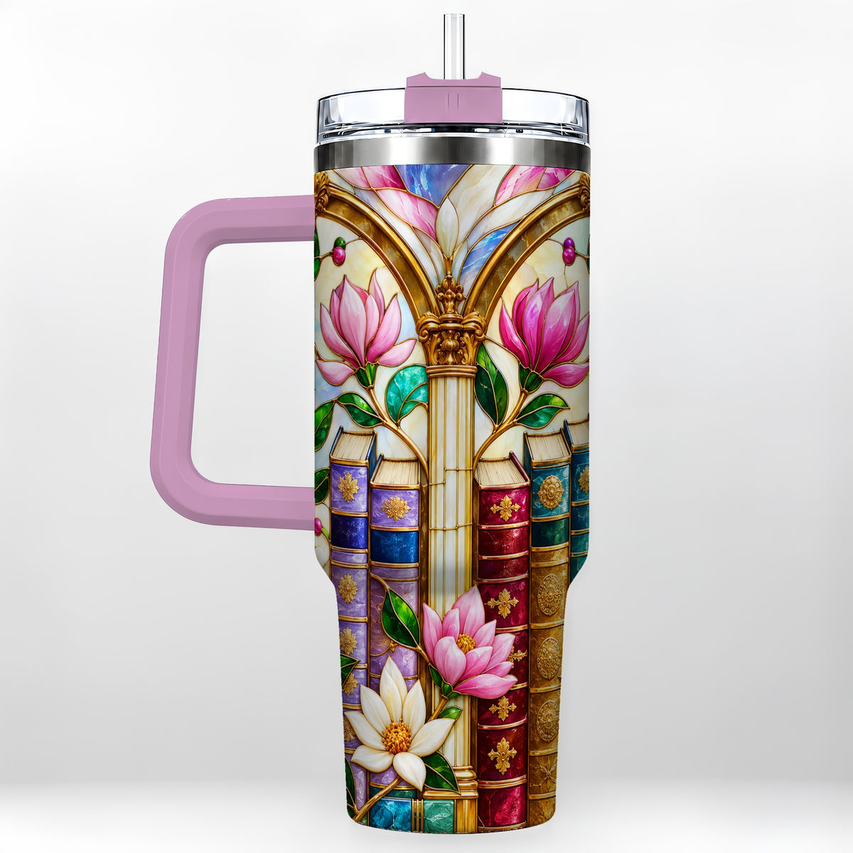 #pl[40oz|Pink] Floral Library 40oz Tumbler, Book Floral Stainless Steel Travel Cup