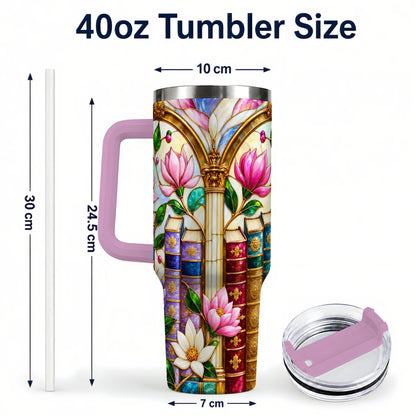 #pl[40oz|Pink] Floral Library 40oz Tumbler, Book Floral Stainless Steel Travel Cup