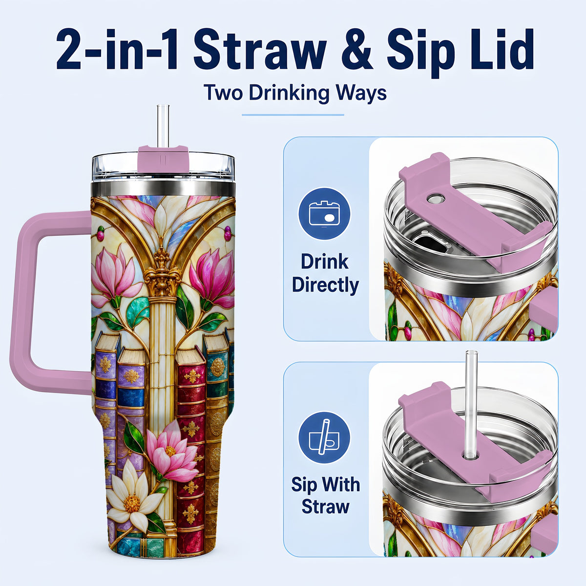 #pl[40oz|Pink] Floral Library 40oz Tumbler, Book Floral Stainless Steel Travel Cup