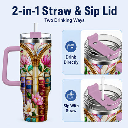 #pl[40oz|Pink] Floral Library 40oz Tumbler, Book Floral Stainless Steel Travel Cup