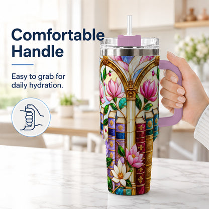 #pl[40oz|Pink] Floral Library 40oz Tumbler, Book Floral Stainless Steel Travel Cup