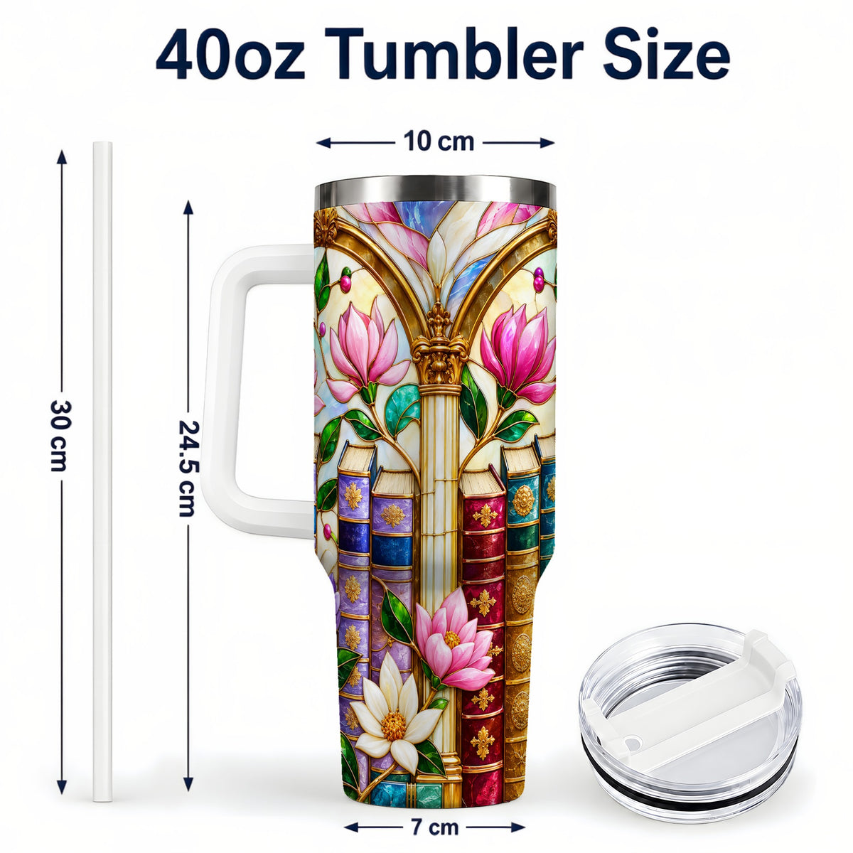 #pl[40oz|White] Floral Library 40oz Tumbler, Book Floral Stainless Steel Travel Cup