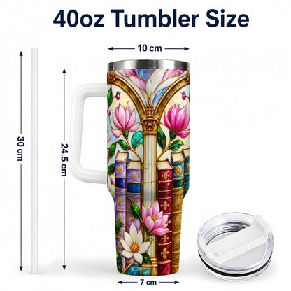 #pl[40oz|White] Floral Library 40oz Tumbler, Book Floral Stainless Steel Travel Cup