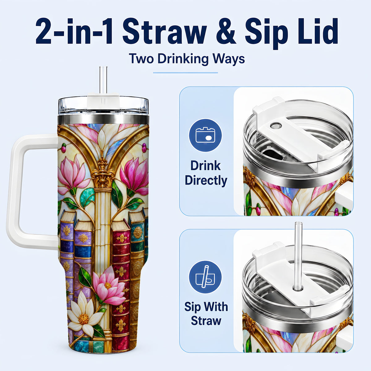#pl[40oz|White] Floral Library 40oz Tumbler, Book Floral Stainless Steel Travel Cup