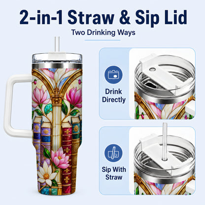 #pl[40oz|White] Floral Library 40oz Tumbler, Book Floral Stainless Steel Travel Cup