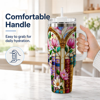 #pl[40oz|White] Floral Library 40oz Tumbler, Book Floral Stainless Steel Travel Cup