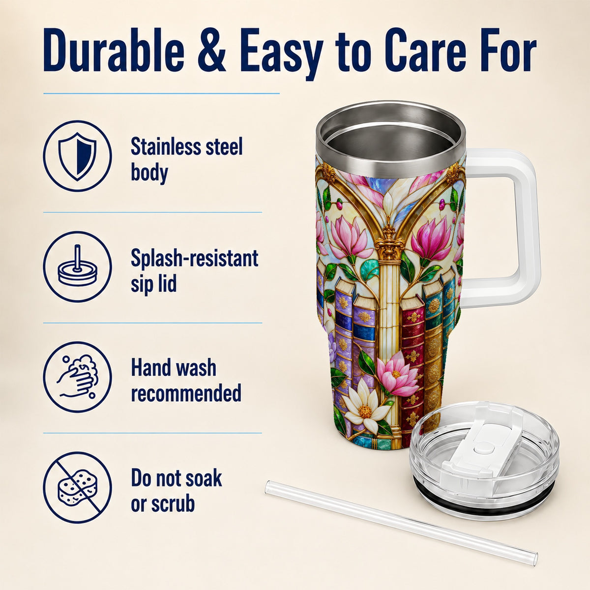 Floral Library 40oz Tumbler, Book Floral Stainless Steel Travel Cup