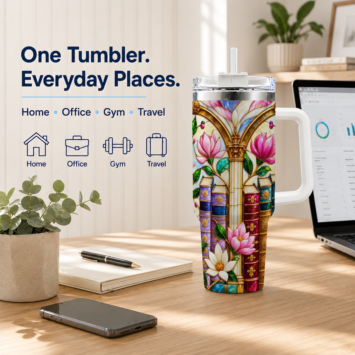Floral Library 40oz Tumbler, Book Floral Stainless Steel Travel Cup