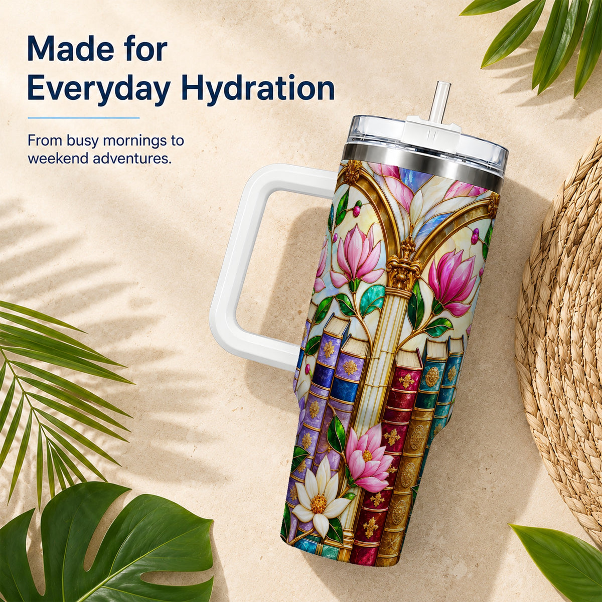 Floral Library 40oz Tumbler, Book Floral Stainless Steel Travel Cup