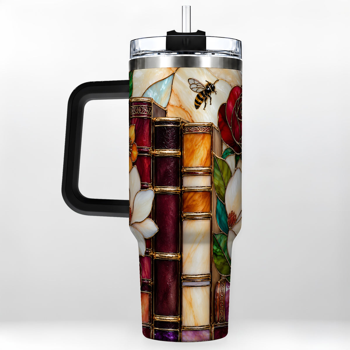 #pl[40oz|Black] Book Floral 40oz Tumbler, Botanical Stained Glass Stainless Steel Cup