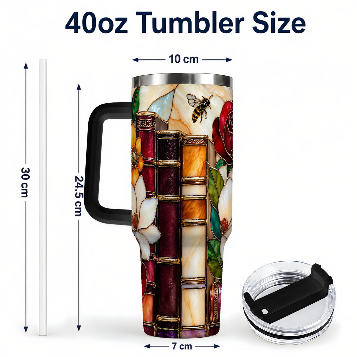 #pl[40oz|Black] Book Floral 40oz Tumbler, Botanical Stained Glass Stainless Steel Cup