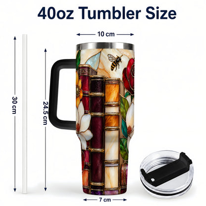 #pl[40oz|Black] Book Floral 40oz Tumbler, Botanical Stained Glass Stainless Steel Cup
