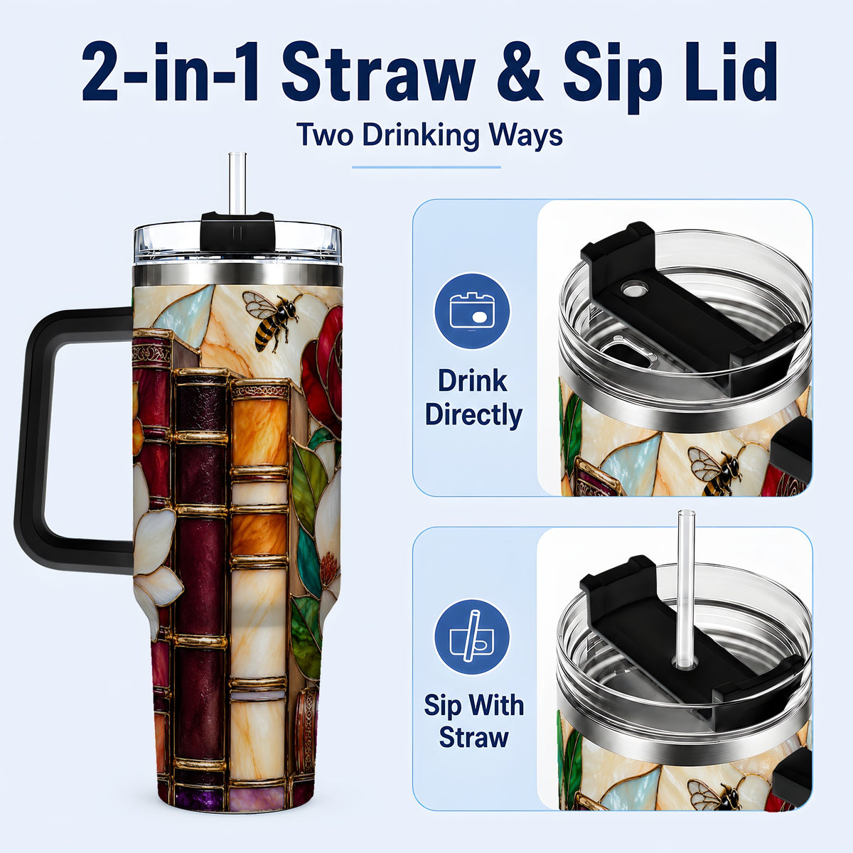#pl[40oz|Black] Book Floral 40oz Tumbler, Botanical Stained Glass Stainless Steel Cup