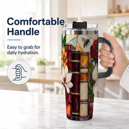 #pl[40oz|Black] Book Floral 40oz Tumbler, Botanical Stained Glass Stainless Steel Cup