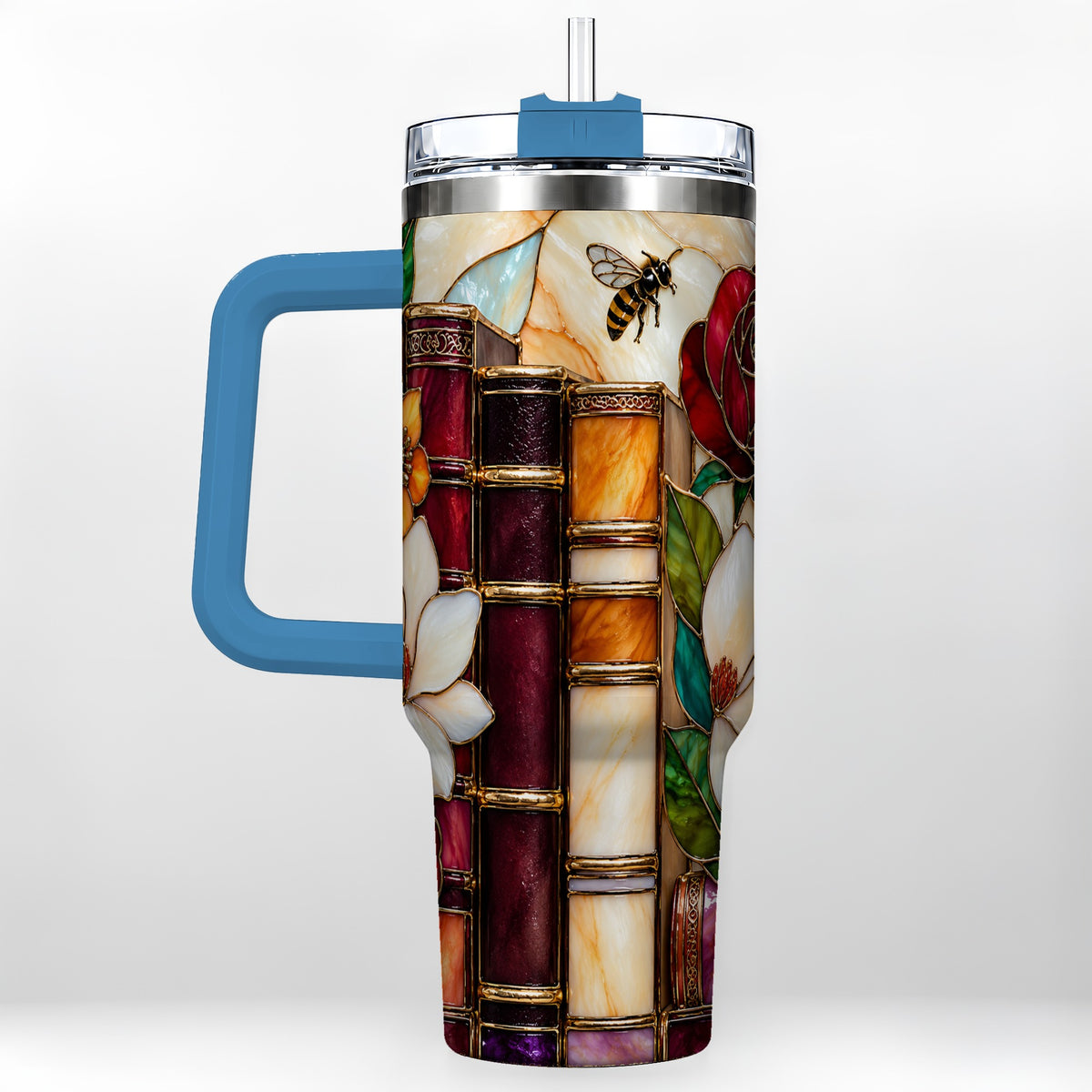 #pl[40oz|Blue] Book Floral 40oz Tumbler, Botanical Stained Glass Stainless Steel Cup