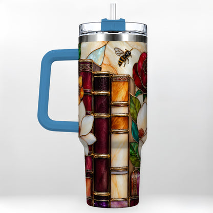#pl[40oz|Blue] Book Floral 40oz Tumbler, Botanical Stained Glass Stainless Steel Cup
