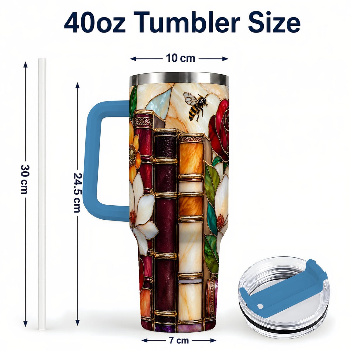 #pl[40oz|Blue] Book Floral 40oz Tumbler, Botanical Stained Glass Stainless Steel Cup