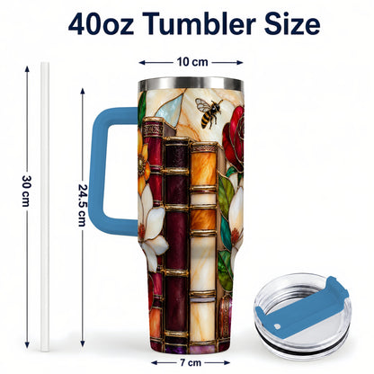 #pl[40oz|Blue] Book Floral 40oz Tumbler, Botanical Stained Glass Stainless Steel Cup