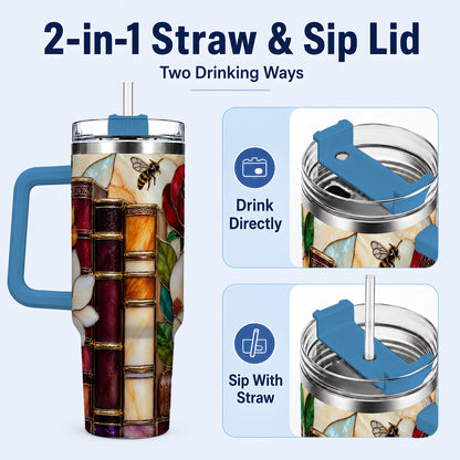 #pl[40oz|Blue] Book Floral 40oz Tumbler, Botanical Stained Glass Stainless Steel Cup