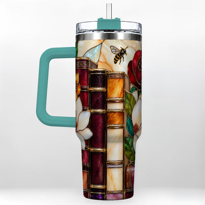 #pl[40oz|Green] Book Floral 40oz Tumbler, Botanical Stained Glass Stainless Steel Cup