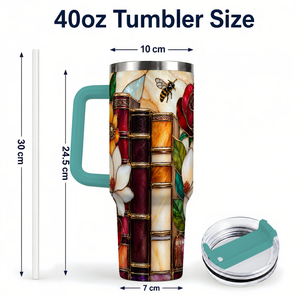 #pl[40oz|Green] Book Floral 40oz Tumbler, Botanical Stained Glass Stainless Steel Cup