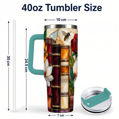 #pl[40oz|Green] Book Floral 40oz Tumbler, Botanical Stained Glass Stainless Steel Cup