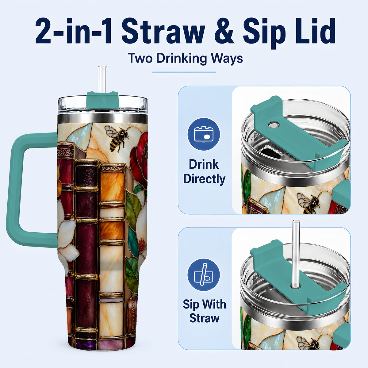#pl[40oz|Green] Book Floral 40oz Tumbler, Botanical Stained Glass Stainless Steel Cup