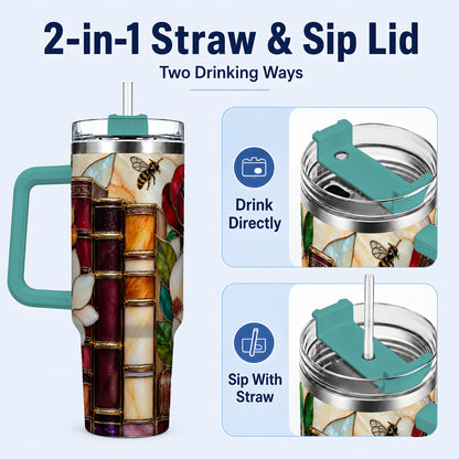 #pl[40oz|Green] Book Floral 40oz Tumbler, Botanical Stained Glass Stainless Steel Cup