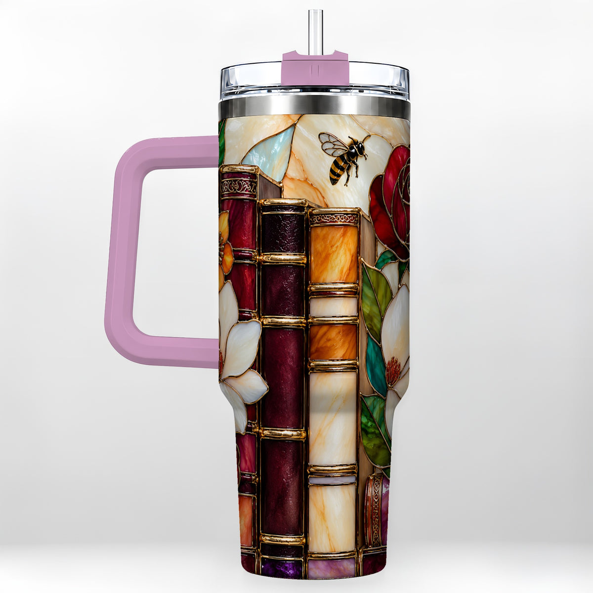 #pl[40oz|Pink] Book Floral 40oz Tumbler, Botanical Stained Glass Stainless Steel Cup