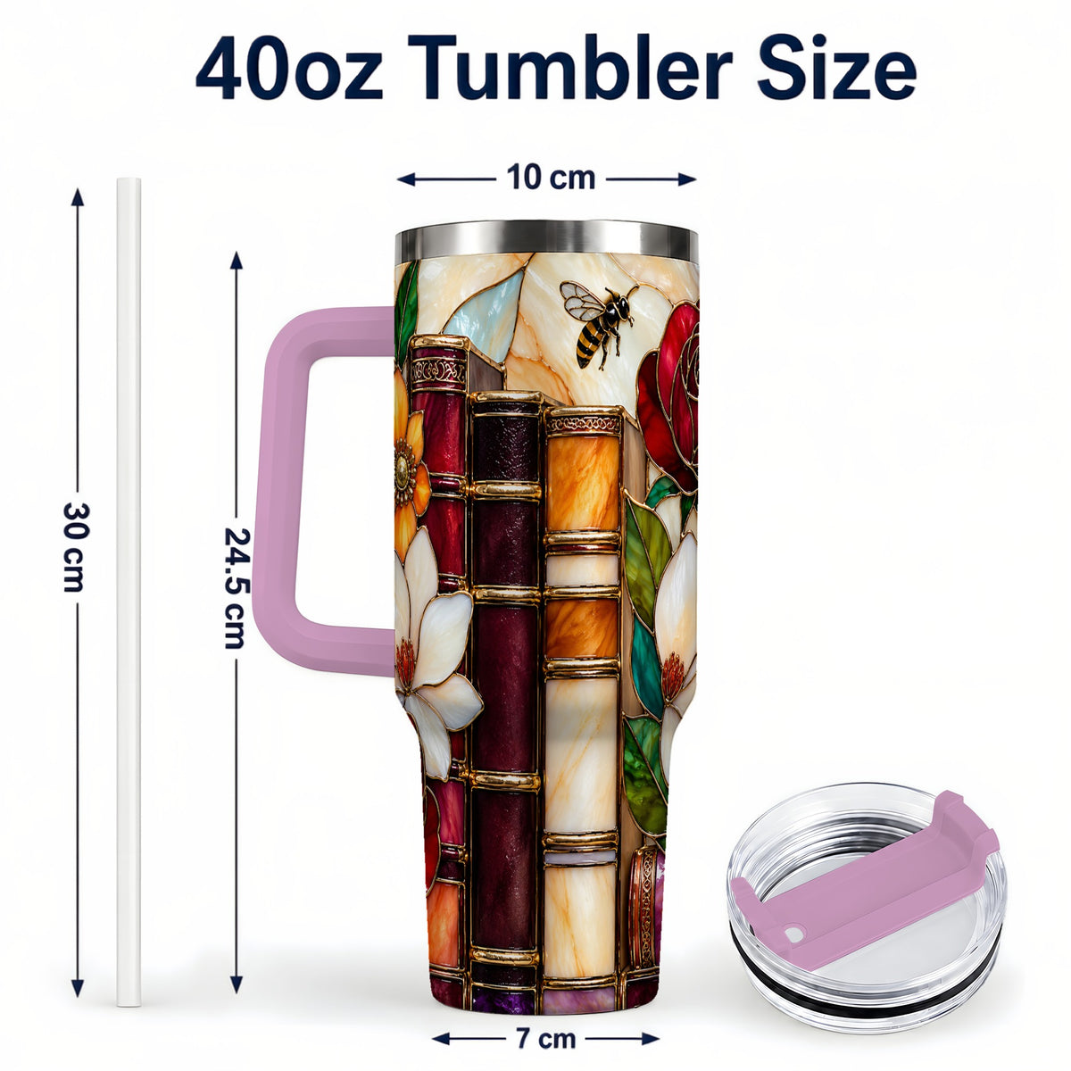 #pl[40oz|Pink] Book Floral 40oz Tumbler, Botanical Stained Glass Stainless Steel Cup
