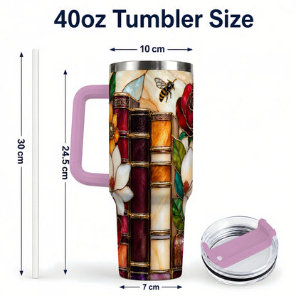 #pl[40oz|Pink] Book Floral 40oz Tumbler, Botanical Stained Glass Stainless Steel Cup