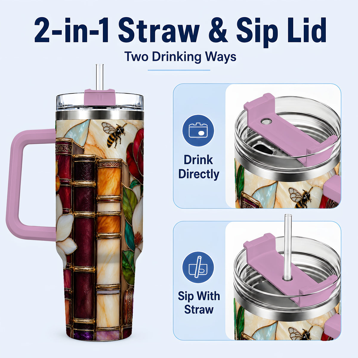 #pl[40oz|Pink] Book Floral 40oz Tumbler, Botanical Stained Glass Stainless Steel Cup