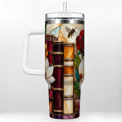 Book Floral 40oz Tumbler, Botanical Stained Glass Stainless Steel Cup