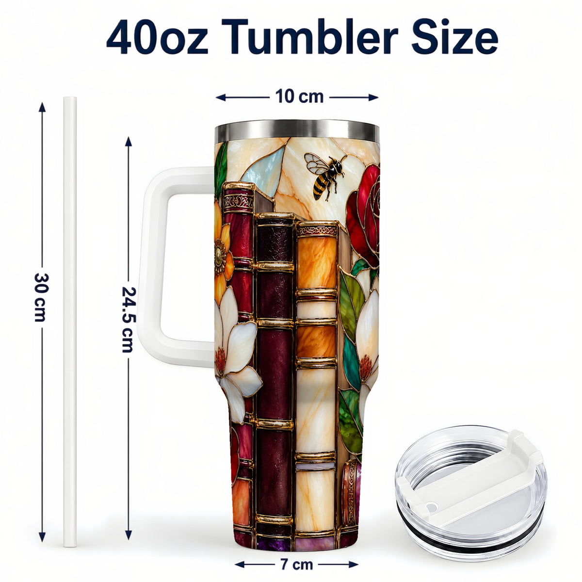 #pl[40oz|White] Book Floral 40oz Tumbler, Botanical Stained Glass Stainless Steel Cup