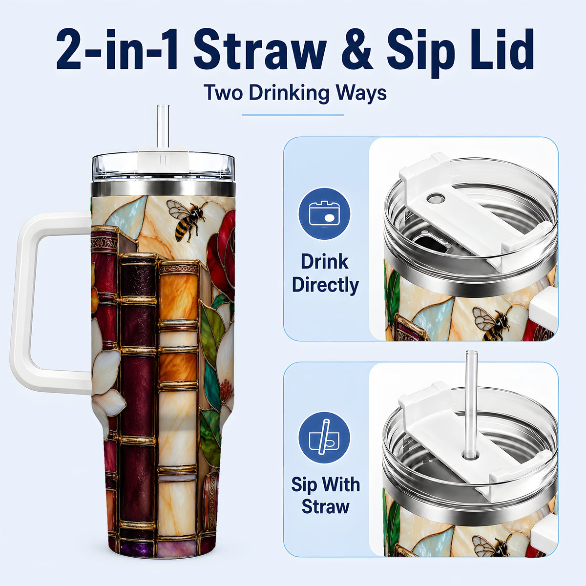 #pl[40oz|White] Book Floral 40oz Tumbler, Botanical Stained Glass Stainless Steel Cup