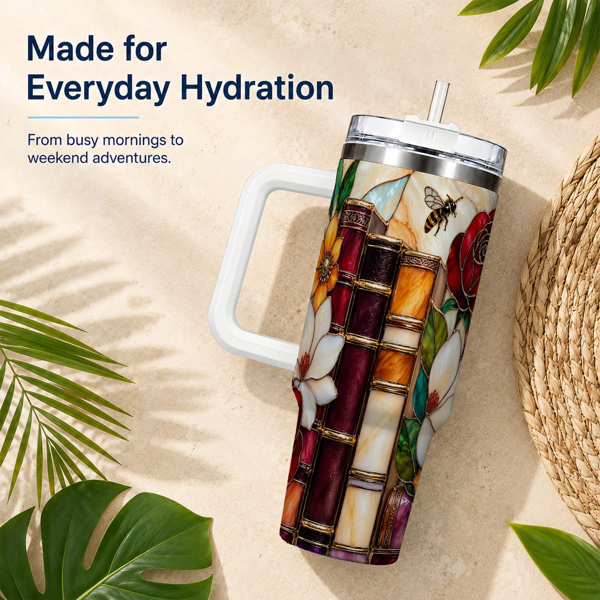Book Floral 40oz Tumbler, Botanical Stained Glass Stainless Steel Cup